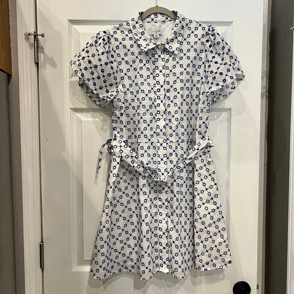 Alexis for Target Shirtdress Cotton Eyelet Blue White Puff Sleeve Belted XL